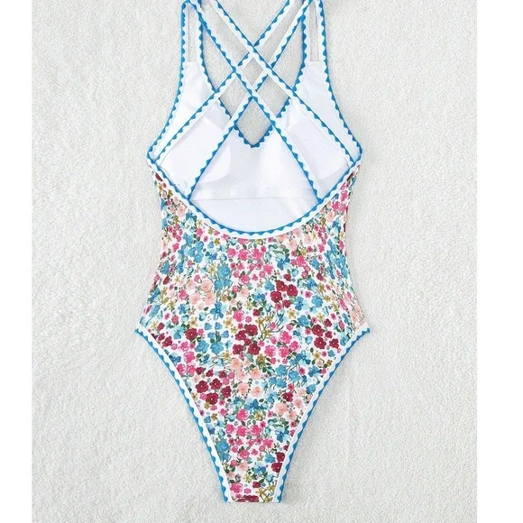 Boho Floral Print Criss Cross One Piece Monokini Swim Beach - Picture 5 of 5
